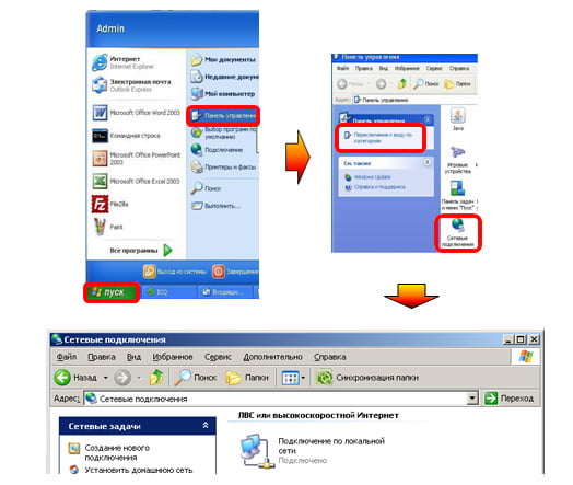 У Windows XP → Пуск → Панель управління → Мережеві підключення (дивіться картинку)
